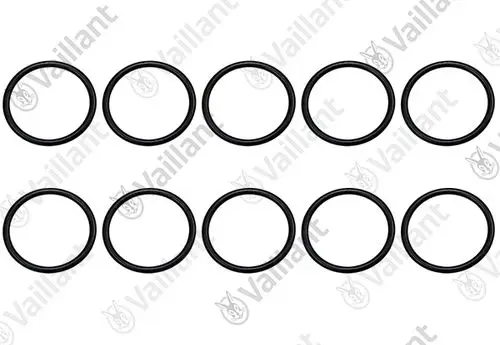 Zehn schwarze O-Ringe auf weißem Hintergrund, beschrieben mit dem Logo der Marke Vaillant.